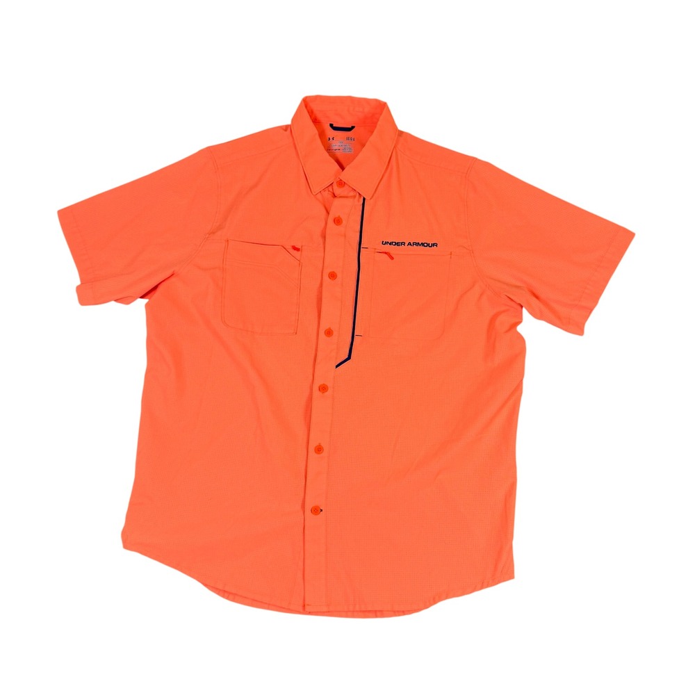 Under Armour HeatGear Mens Large Orange Short Sleeve Fishing Hiking Button Shirt